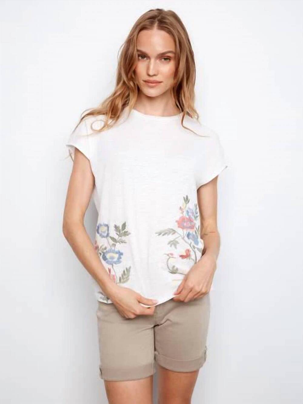NEW CHARLIE B cap sleeve cotton floral embroidery top in white